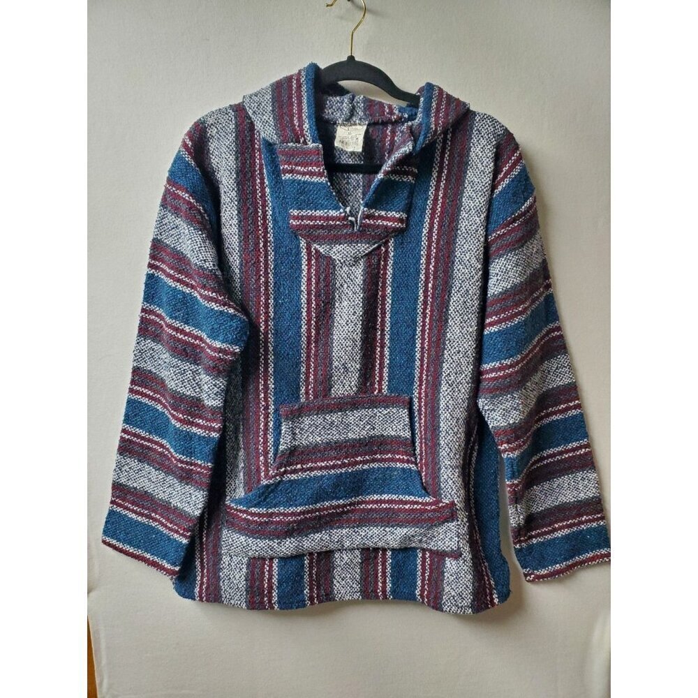Canyon Creek Mens XL Blue Gray Striped Baja Jacket Hoodie Rug Mexico Blanket